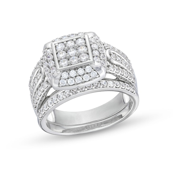1 CT. T.w. Princess Multi-Diamond Cushion Frame Bridal Set in 10K White Gold