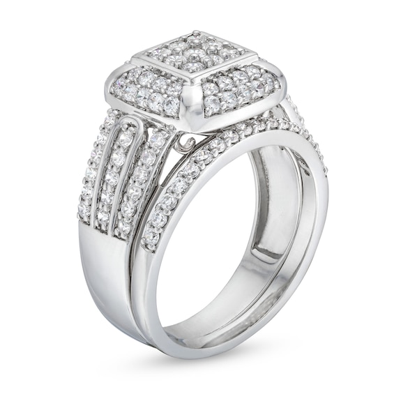 1 CT. T.w. Princess Multi-Diamond Cushion Frame Bridal Set in 10K White Gold