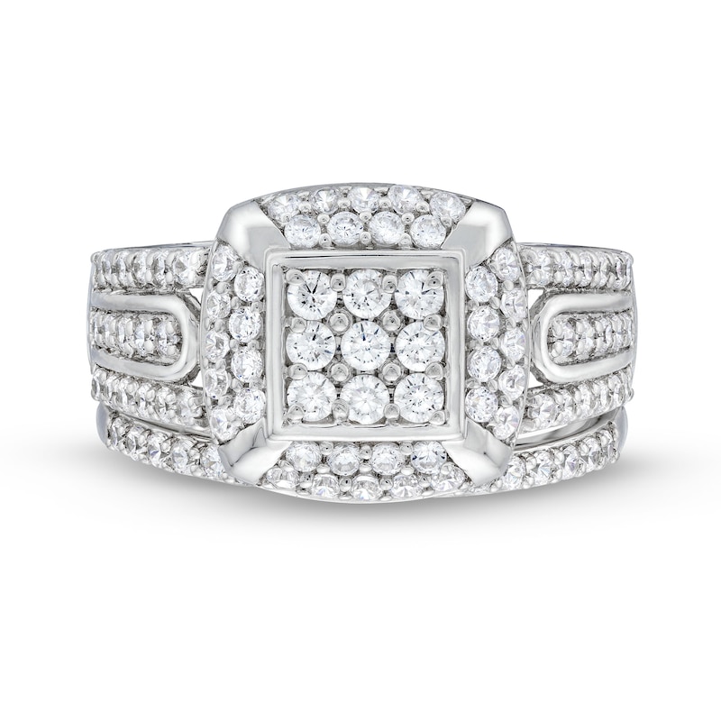 Main Image 4 of 1 CT. T.W. Princess Multi-Diamond Cushion Frame Bridal Set in 10K White Gold