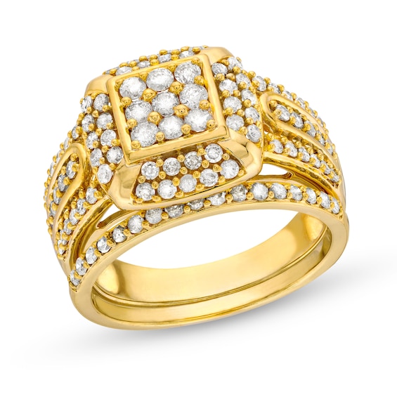 1 CT. T.w. Princess Multi-Diamond Cushion Frame Bridal Set in 10K Gold