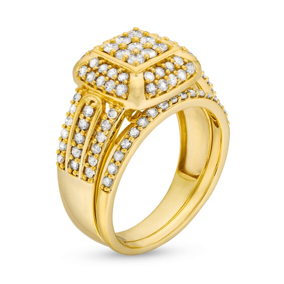 1 CT. T.w. Princess Multi-Diamond Cushion Frame Bridal Set in 10K Gold