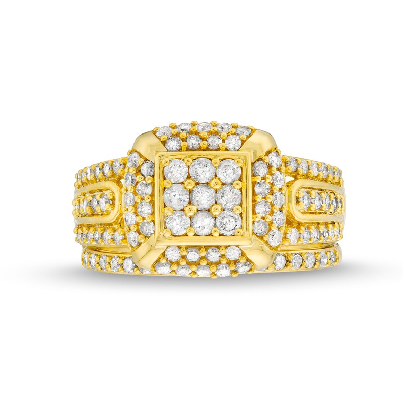 Main Image 4 of 1 CT. T.W. Princess Multi-Diamond Cushion Frame Bridal Set in 10K Gold