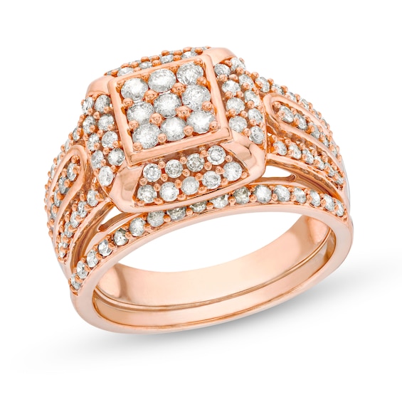 1 CT. T.w. Princess Multi-Diamond Cushion Frame Bridal Set in 10K Rose Gold