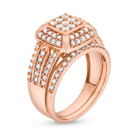 1 CT. T.w. Princess Multi-Diamond Cushion Frame Bridal Set in 10K Rose Gold