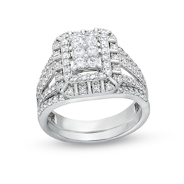 1 CT. T.W. Emerald Multi-Diamond Triple Row Split Shank Bridal Set in 10K White Gold