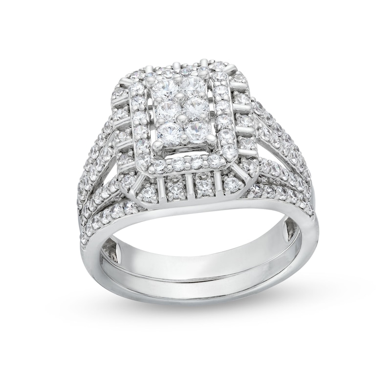 Main Image 1 of 1 CT. T.W. Emerald Multi-Diamond Triple Row Split Shank Bridal Set in 10K White Gold
