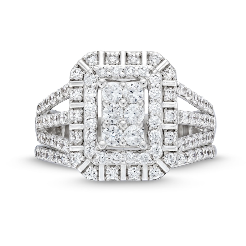Main Image 4 of 1 CT. T.W. Emerald Multi-Diamond Triple Row Split Shank Bridal Set in 10K White Gold