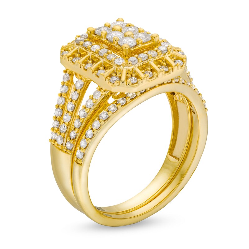 Main Image 3 of 1 CT. T.W. Emerald Multi-Diamond Triple Row Split Shank Bridal Set in 10K Gold