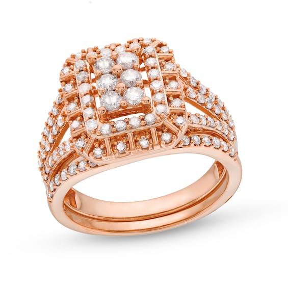 1 CT. T.w. Emerald Multi-Diamond Triple Row Split Shank Bridal Set in 10K Rose Gold
