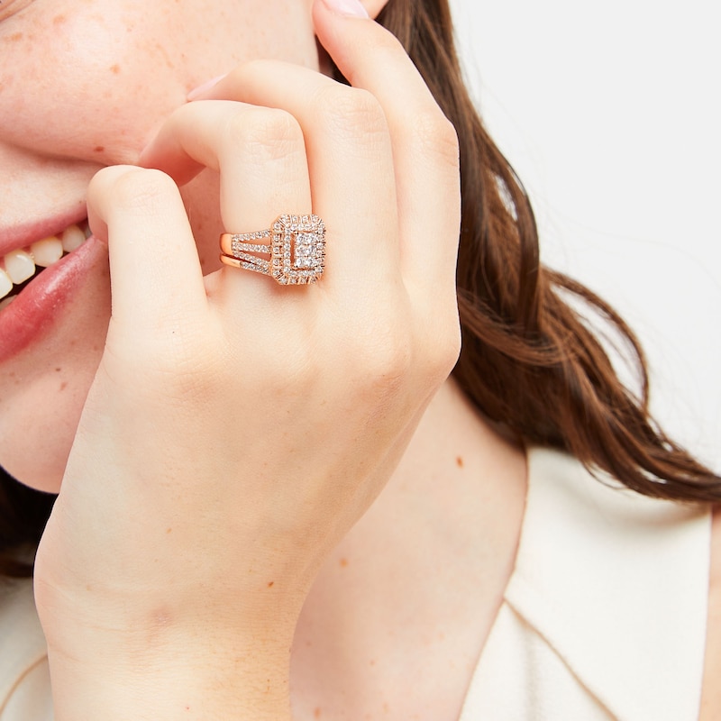 Main Image 2 of 1 CT. T.W. Emerald Multi-Diamond Triple Row Split Shank Bridal Set in 10K Rose Gold