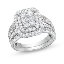 1-1/4 CT. T.W. Emerald Multi-Diamond Elongated Art Deco Split Shank Bridal Set in 10K White Gold