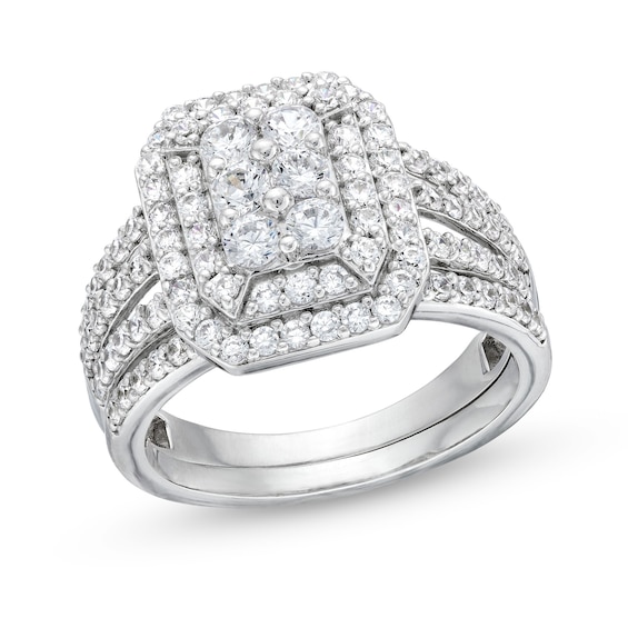 1-1/4 CT. T.w. Emerald Multi-Diamond Elongated Art Deco Split Shank Bridal Set in 10K White Gold