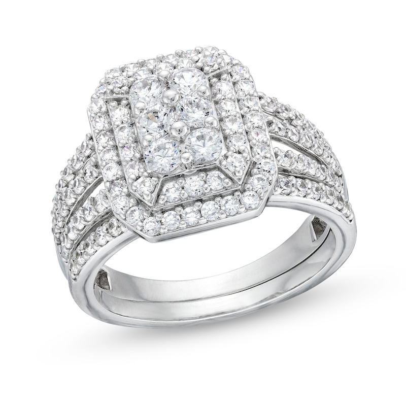 Main Image 1 of 1-1/4 CT. T.W. Emerald Multi-Diamond Elongated Art Deco Split Shank Bridal Set in 10K White Gold