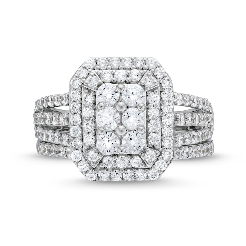Main Image 4 of 1-1/4 CT. T.W. Emerald Multi-Diamond Elongated Art Deco Split Shank Bridal Set in 10K White Gold