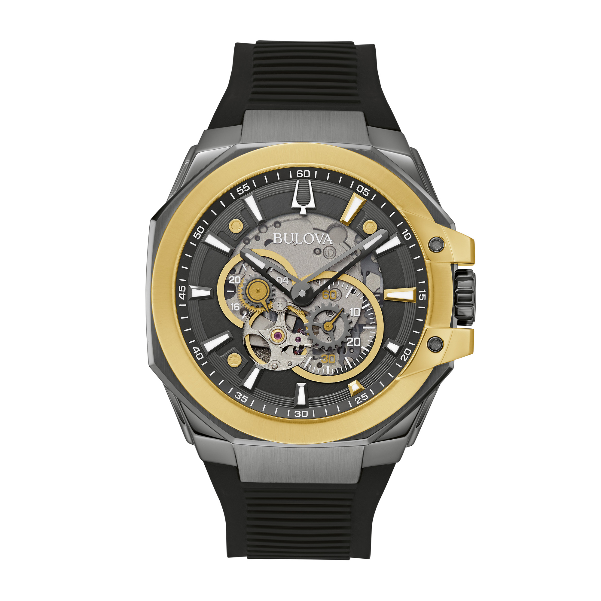 Men's Bulova Maquina Marc Anthony Gold-Tone IP Chronograph Silicone Strap Watch with Grey Skeleton Dial (Model: 98A310)
