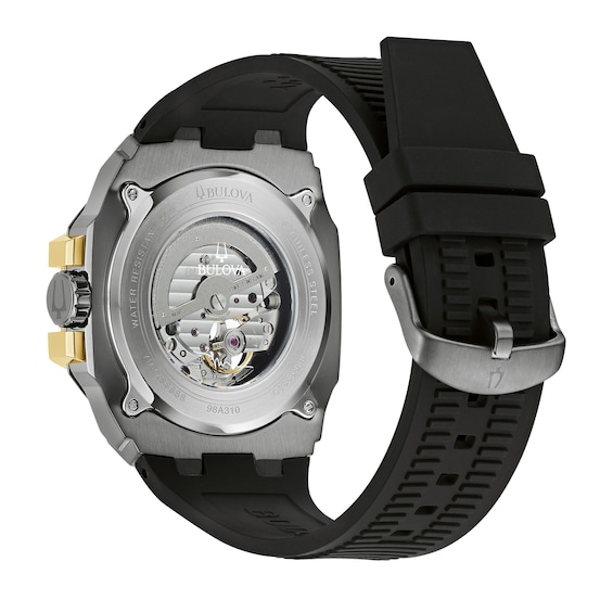 Men's Bulova Maquina Marc Anthony Gold-Tone IP Chronograph Silicone Strap Watch with Grey Skeleton Dial (Model: 98A310)