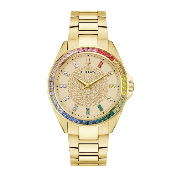 Men's Bulova Phantom Rainbow Crystal Accent Gold-Tone Watch with Champagne Dial (Model: 97A179)