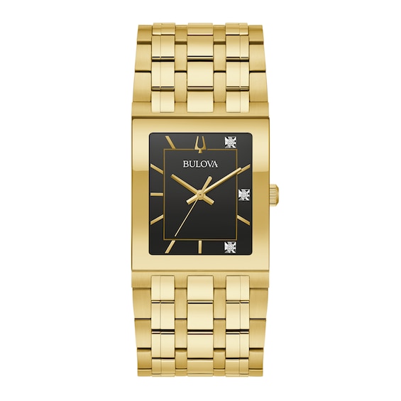 Men's Bulova Quadra Marc Anthony Diamond Accent Gold-Tone Watch with Black Square Dial (Model: 97D132)