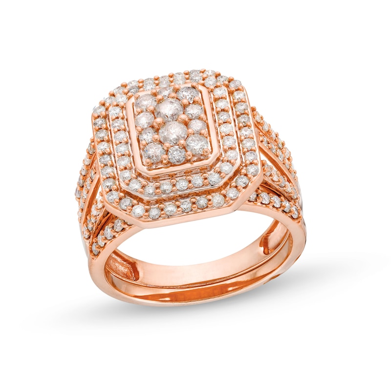 Main Image 1 of 1-1/4 CT. T.W. Emerald Multi-Diamond Elongated Octagon Frame Split Shank Bridal Set in 10K Rose Gold