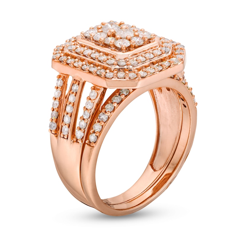 Main Image 3 of 1-1/4 CT. T.W. Emerald Multi-Diamond Elongated Octagon Frame Split Shank Bridal Set in 10K Rose Gold