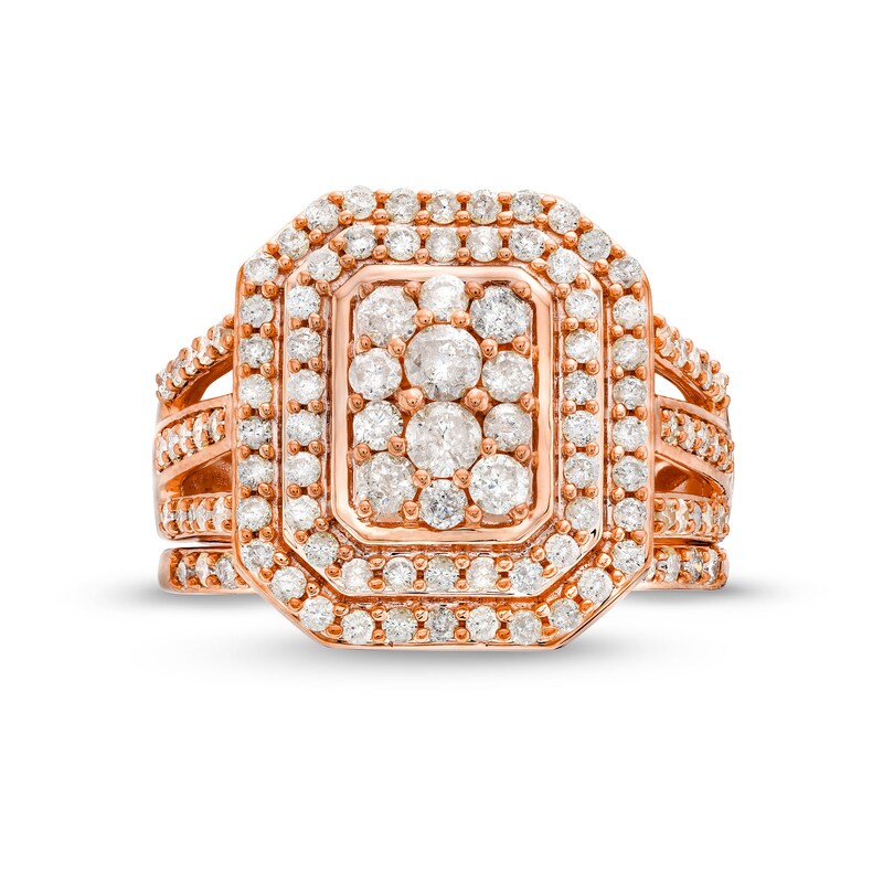 Main Image 4 of 1-1/4 CT. T.W. Emerald Multi-Diamond Elongated Octagon Frame Split Shank Bridal Set in 10K Rose Gold