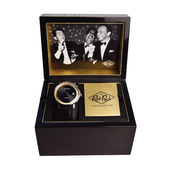 Men's Bulova Limited Edition Rat Pack Black Strap Watch with Gold-Tone and Black Dial (Model: 96B406)