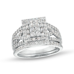 1 CT. T.W. Rectangle Multi-Diamond Twist Split Shank Bridal Set in 10K White Gold