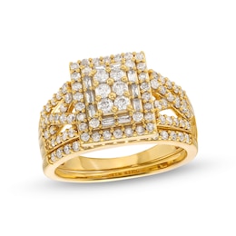 1 CT. T.W. Rectangle Multi-Diamond Twist Split Shank Bridal Set in 10K Gold