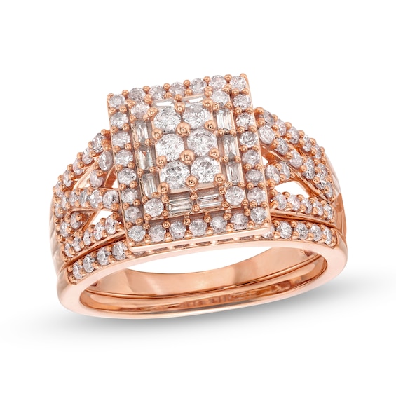 1 CT. T.w. Rectangle Multi-Diamond Twist Split Shank Bridal Set in 10K Rose Gold