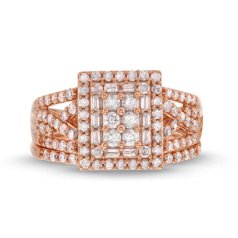 Main Image 4 of 1 CT. T.W. Rectangle Multi-Diamond Twist Split Shank Bridal Set in 10K Rose Gold