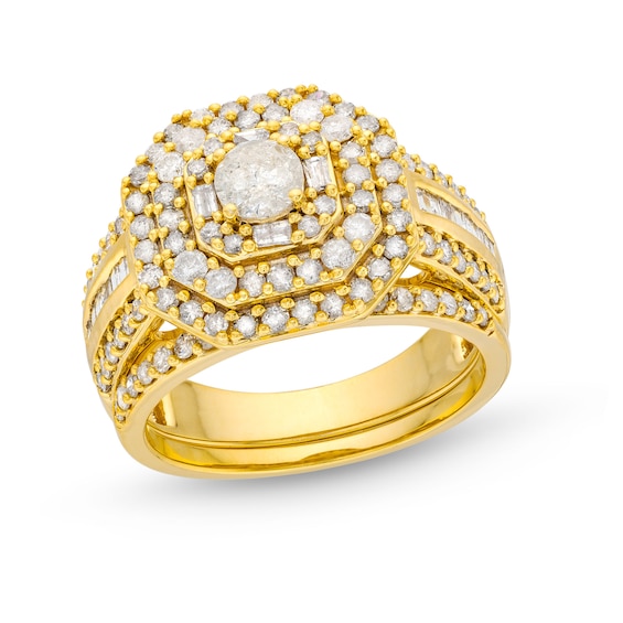 1-1/2 CT. T.w. Diamond Cushion Triple Row Octagon Frame Bridal Set in 10K Gold