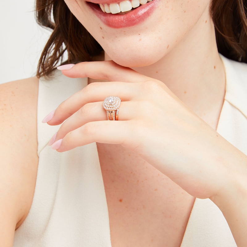 Main Image 2 of 1-1/2 CT. T.W. Diamond Cushion Triple Row Octagon Frame Bridal Set in 10K Rose Gold
