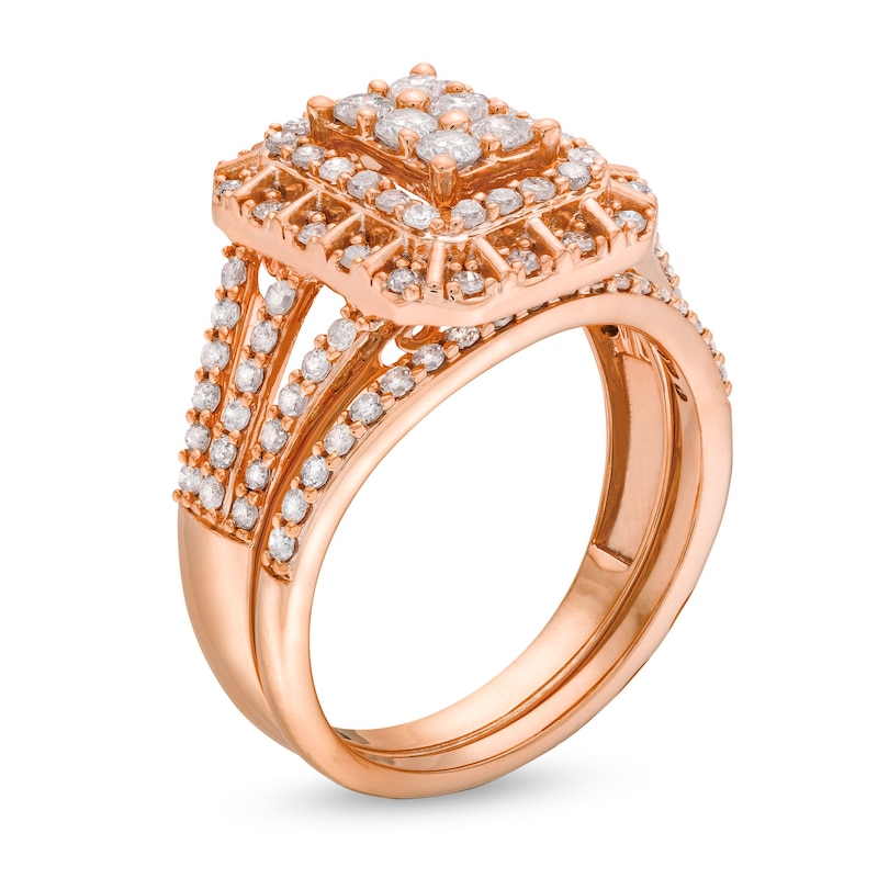 Main Image 3 of 1-1/2 CT. T.W. Diamond Cushion Triple Row Octagon Frame Bridal Set in 10K Rose Gold