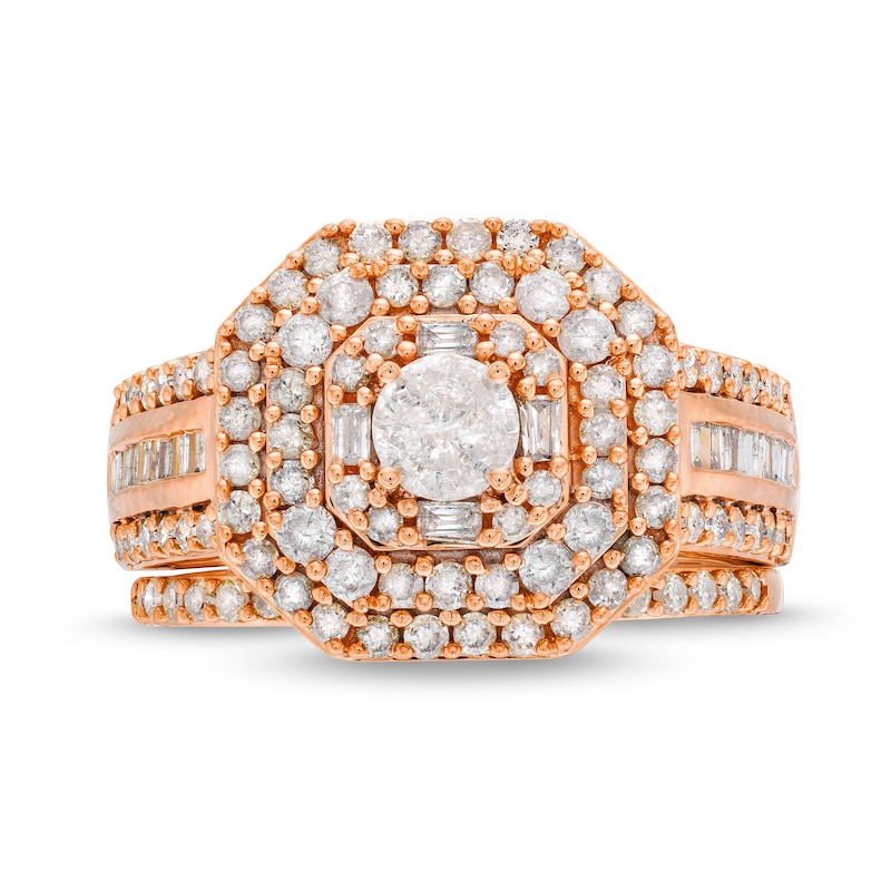 Main Image 4 of 1-1/2 CT. T.W. Diamond Cushion Triple Row Octagon Frame Bridal Set in 10K Rose Gold