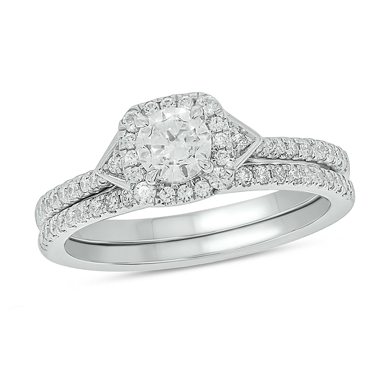 Main Image 1 of 3/4 CT. T.W. Diamond Cushion Frame Chevron Collar Hidden Infinity Bridal Set in 10K White Gold