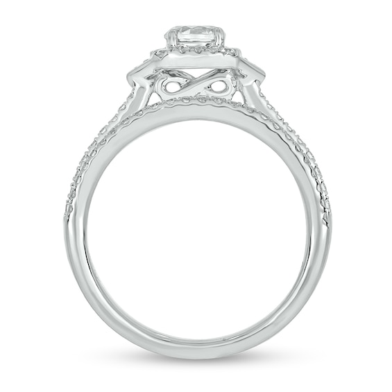 3/4 CT. T.w. Diamond Cushion Frame Chevron Collar Hidden Infinity Bridal Set in 10K White Gold