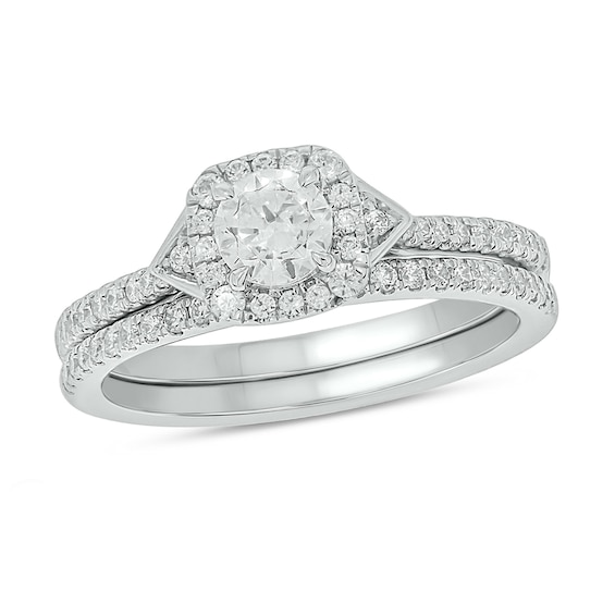 3/4 CT. T.w. Diamond Cushion Frame Chevron Collar Hidden Infinity Bridal Set in 10K White Gold