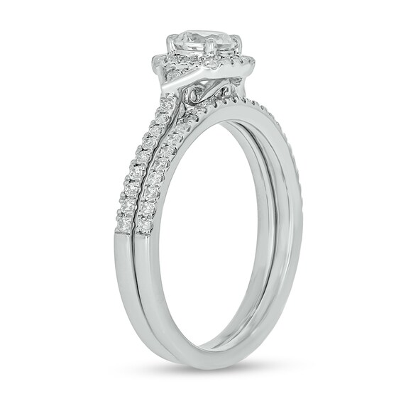 3/4 CT. T.w. Diamond Cushion Frame Chevron Collar Hidden Infinity Bridal Set in 10K White Gold