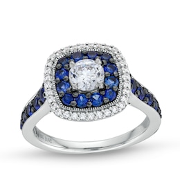Vera Wang Love Collection 3/4 CT. T.W. Diamond and Blue Sapphire Cushion Frame Engagement Ring in 14K White Gold