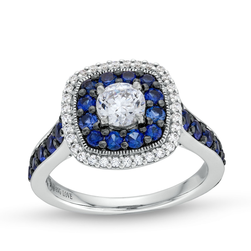 Main Image 1 of Vera Wang Love Collection 3/4 CT. T.W. Diamond and Blue Sapphire Cushion Frame Engagement Ring in 14K White Gold