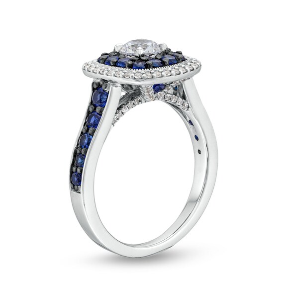 Vera Wang Love Collection 3/4 CT. T.w. Diamond and Blue Sapphire Cushion Frame Engagement Ring in 14K White Gold