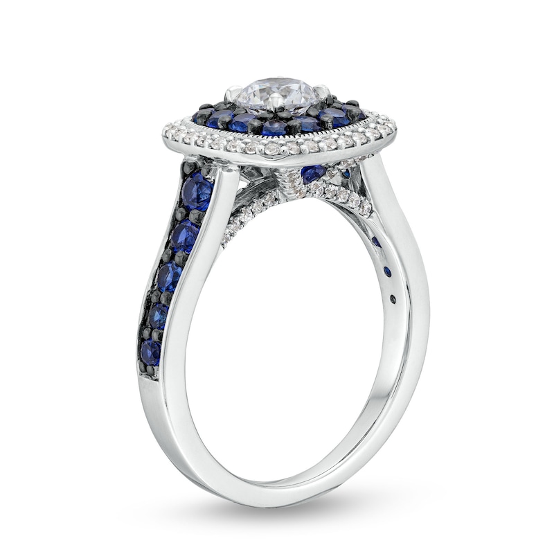 Main Image 3 of Vera Wang Love Collection 3/4 CT. T.W. Diamond and Blue Sapphire Cushion Frame Engagement Ring in 14K White Gold