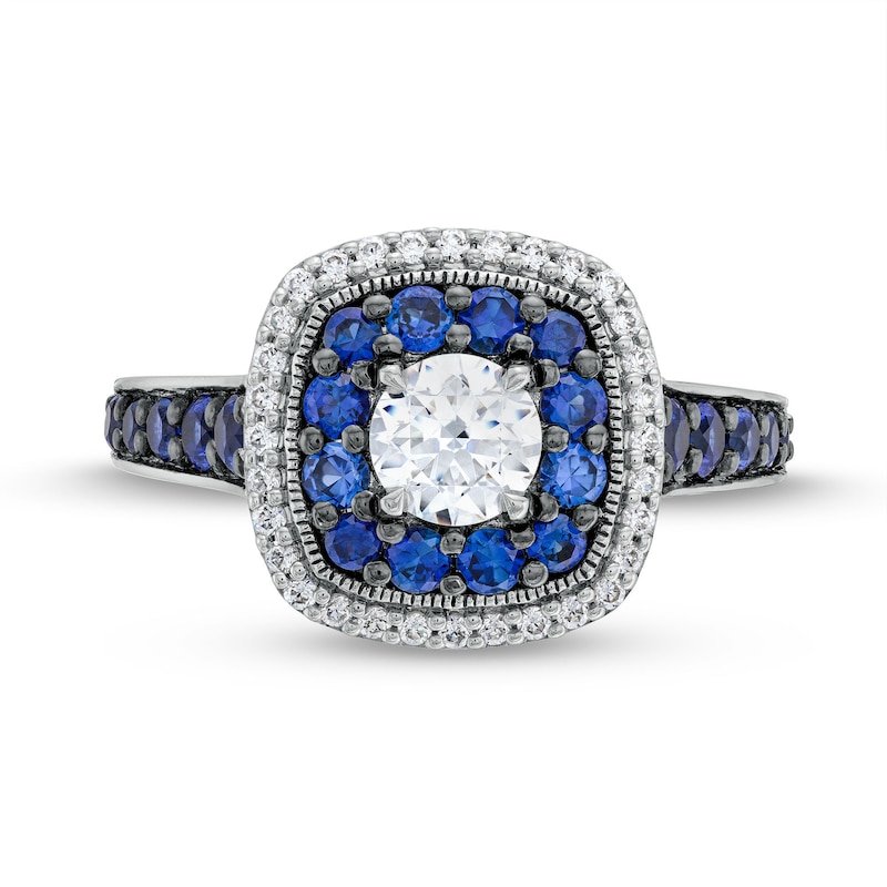 Main Image 4 of Vera Wang Love Collection 3/4 CT. T.W. Diamond and Blue Sapphire Cushion Frame Engagement Ring in 14K White Gold