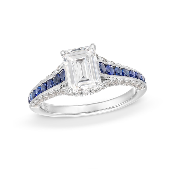 Vera Wang Love Collection 1-1/2 CT. T.w. Emerald-Cut Certified Diamond and Sapphire Engagement Ring in 14K White Gold