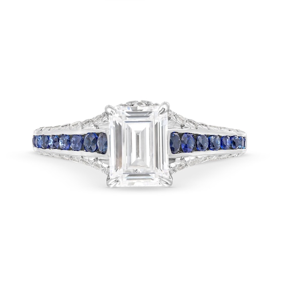 Vera Wang Love Collection 1-1/2 CT. T.w. Emerald-Cut Certified Diamond and Sapphire Engagement Ring in 14K White Gold