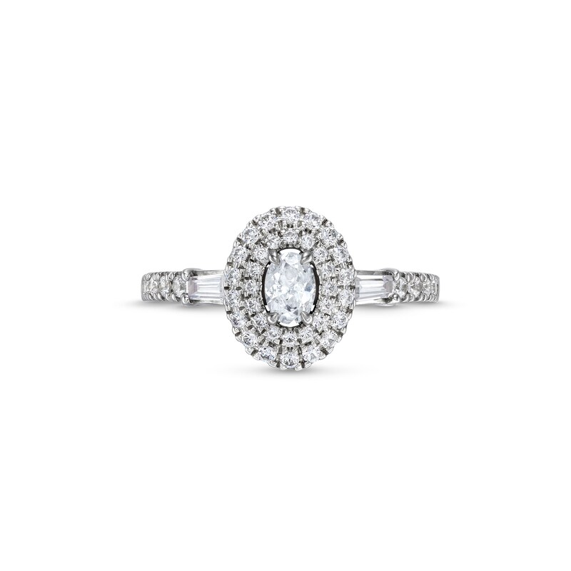 Main Image 4 of Vera Wang Love Collection 3/4 CT. T.W. Oval Diamond Double Frame Engagement Ring in 14K White Gold (I/SI2)