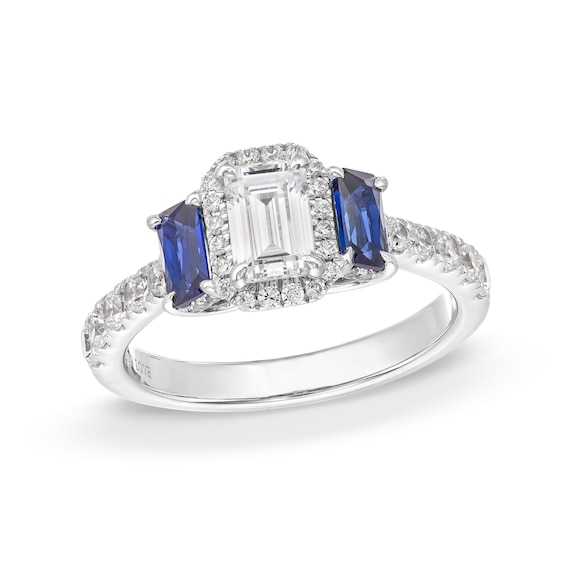 Vera Wang Love Collection 1-1/4 CT. T.w. Emerald-Cut Diamond and Sapphire Three Stone Engagement Ring in 14K White Gold