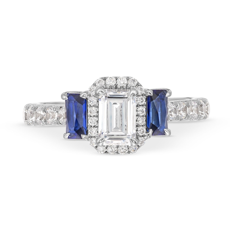 Main Image 4 of Vera Wang Love Collection 1-1/4 CT. T.W. Emerald-Cut Diamond and Sapphire Three Stone Engagement Ring in 14K White Gold