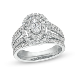 1 CT. T.W. Oval Multi-Diamond Triple Row Split Shank Bridal Set in 10K White Gold