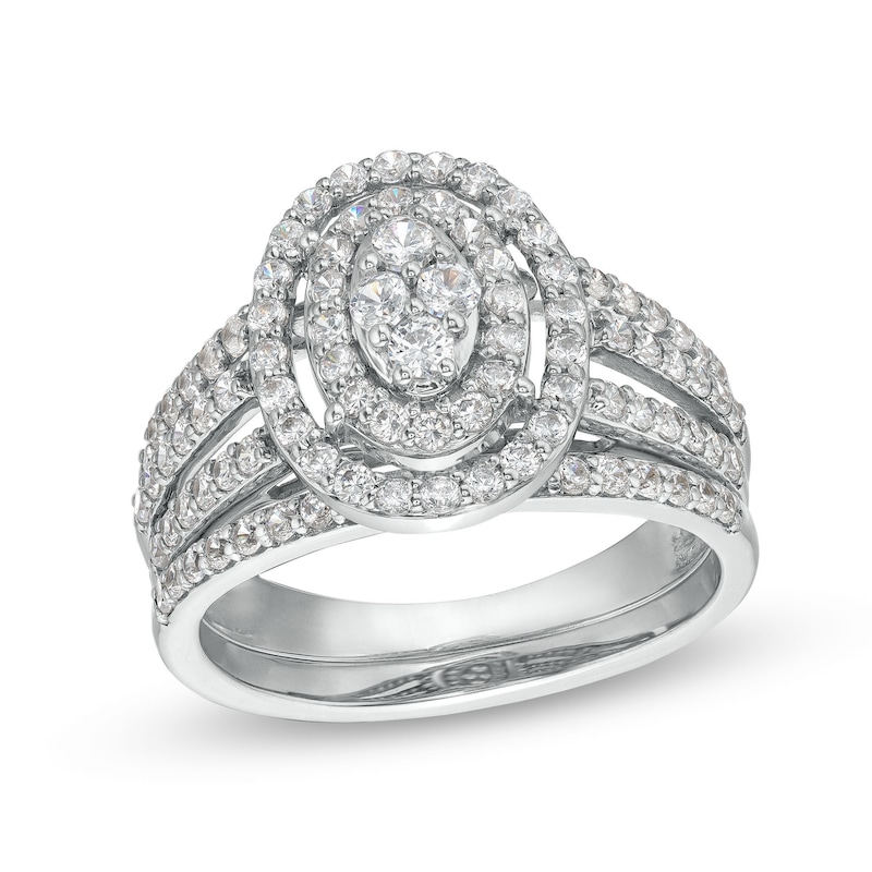 Main Image 1 of 1 CT. T.W. Oval Multi-Diamond Triple Row Split Shank Bridal Set in 10K White Gold